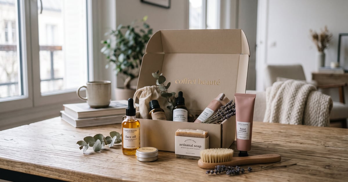 Coffret beauté femme élégant avec produits cosmétiques soigneusement disposés
