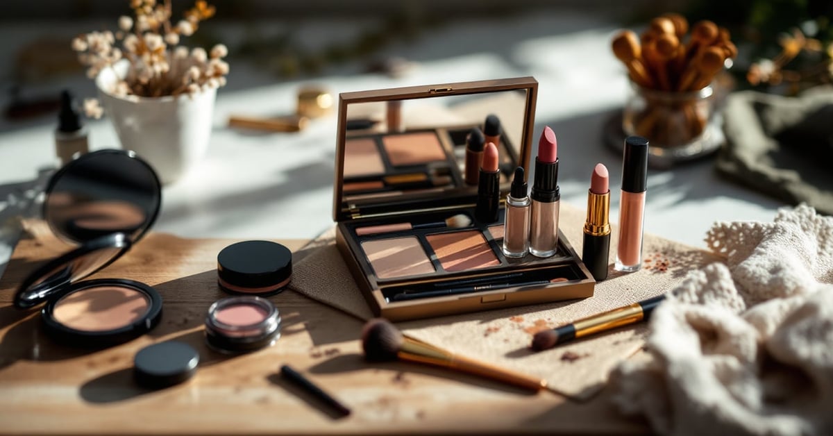 Coffret pour maquillage élégant avec pinceaux, fards et cosmétiques disposés sur fond neutre
