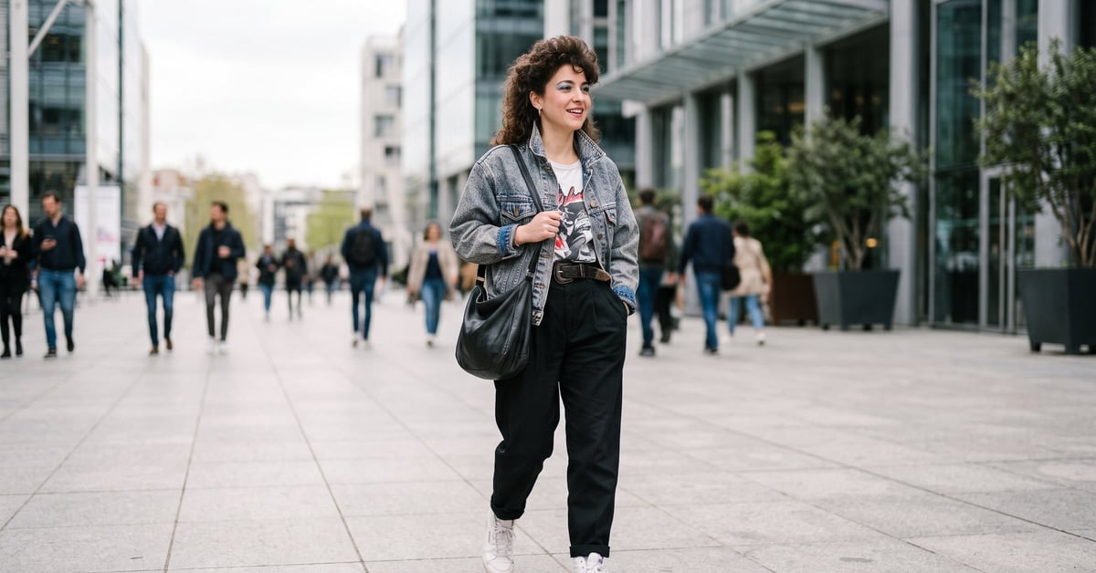 Mode années 80 femme : tenue emblématique avec épaulettes, couleurs vives et accessoires XXL