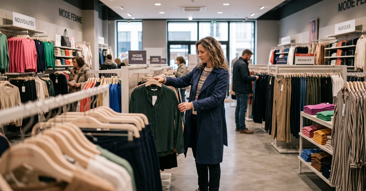 Rayon mode femme Monoprix avec vêtements en vitrine suite aux fermetures de magasins