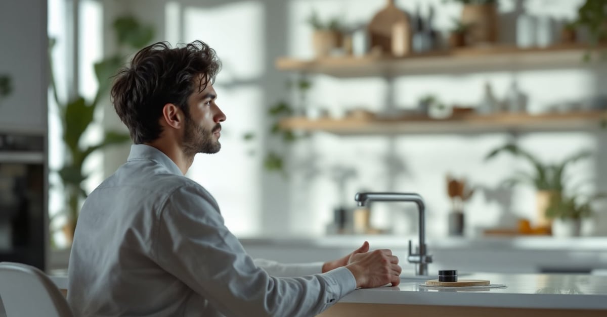 Homme appliquant un soin du visage devant un miroir dans une salle de bain moderne