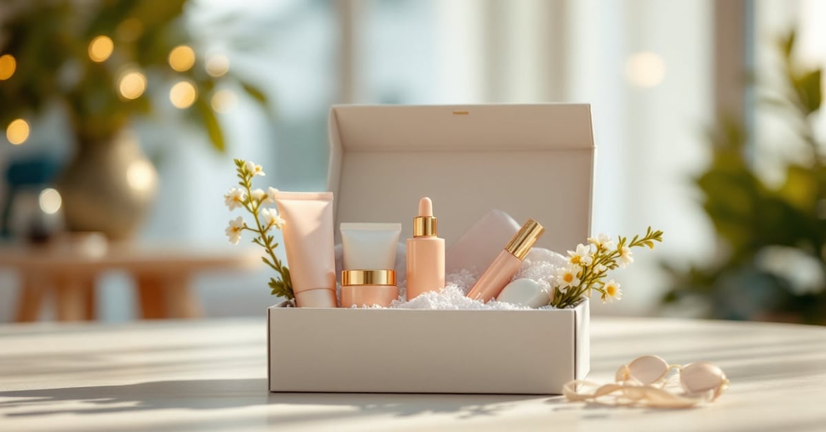 Coffret cadeau beauté femme élégant avec produits cosmétiques soigneusement disposés