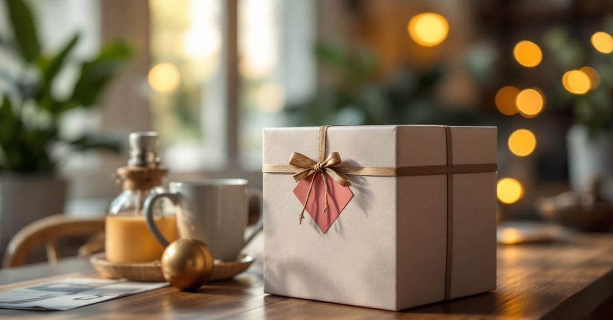 Coffret cadeau bien-être femme avec soins naturels, bougies et produits relaxants sur fond épuré