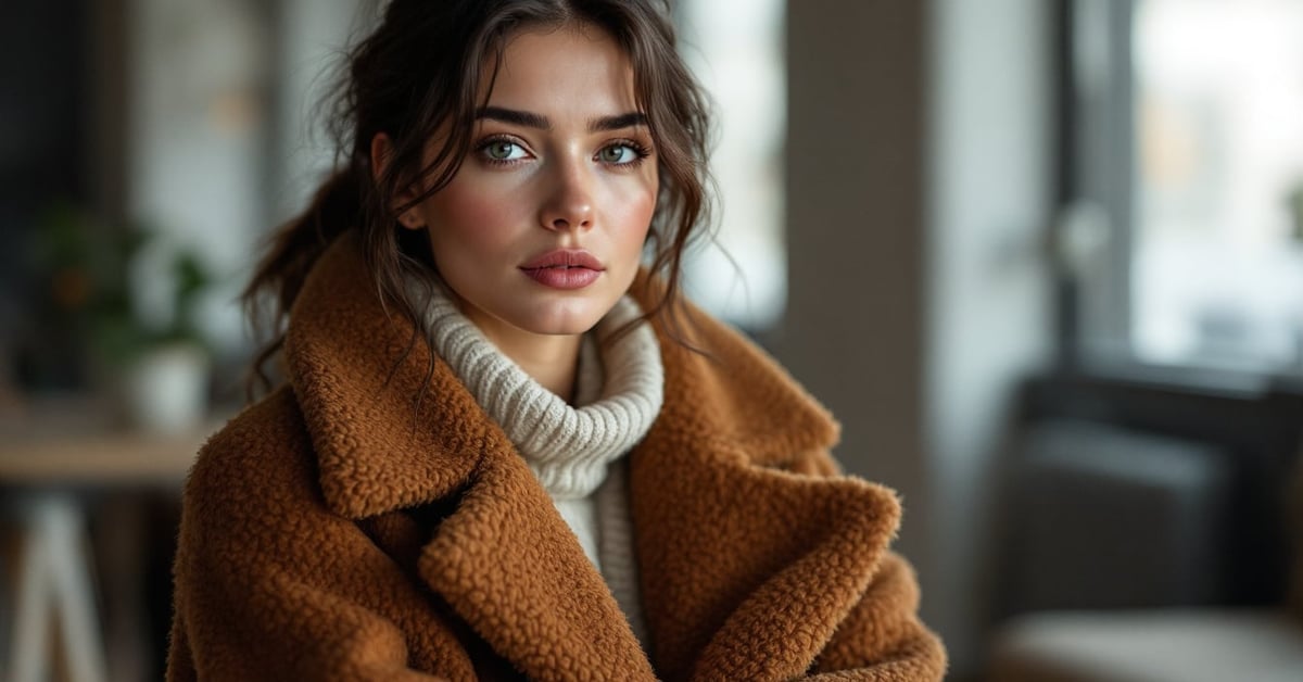 Tendance mode femme automne-hiver 2025 : silhouette élégante en manteau structuré aux tons neutres