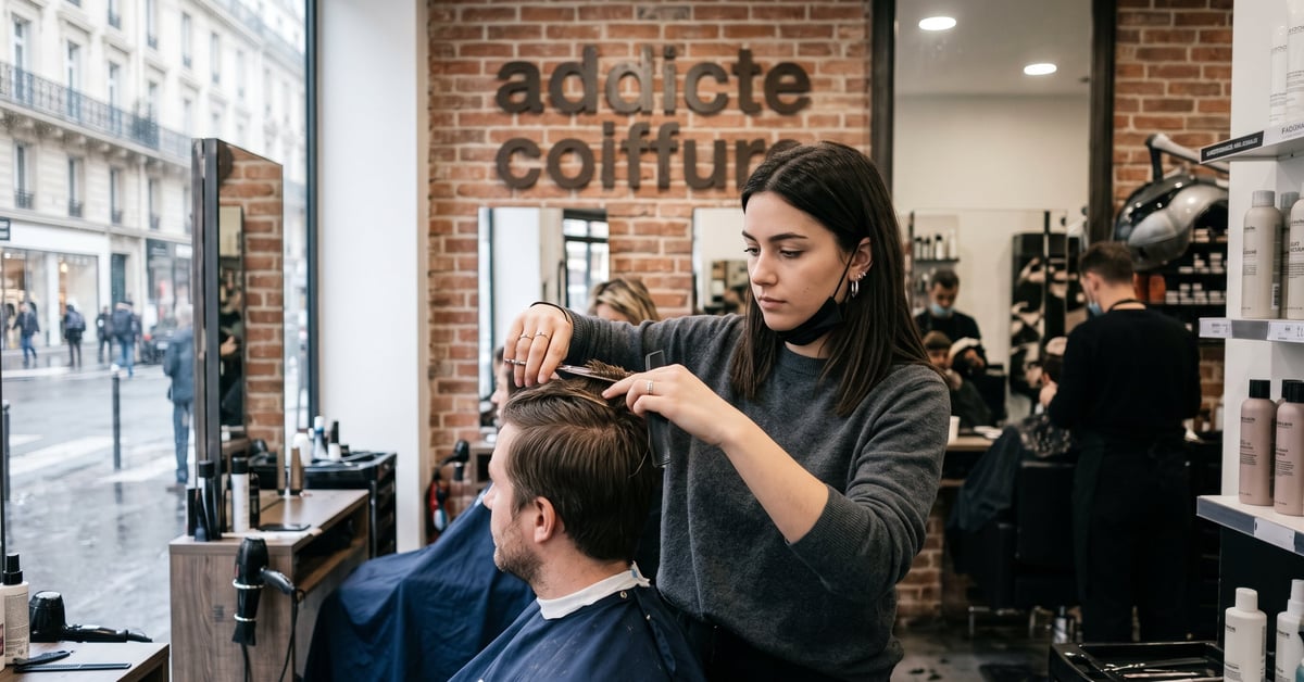 Addicte coiffure : femme passionnée coiffure devant miroir salon