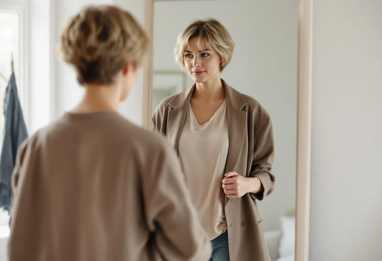 Une personne essaie un blazer oversize devant un miroir, dans une chambre lumineuse.