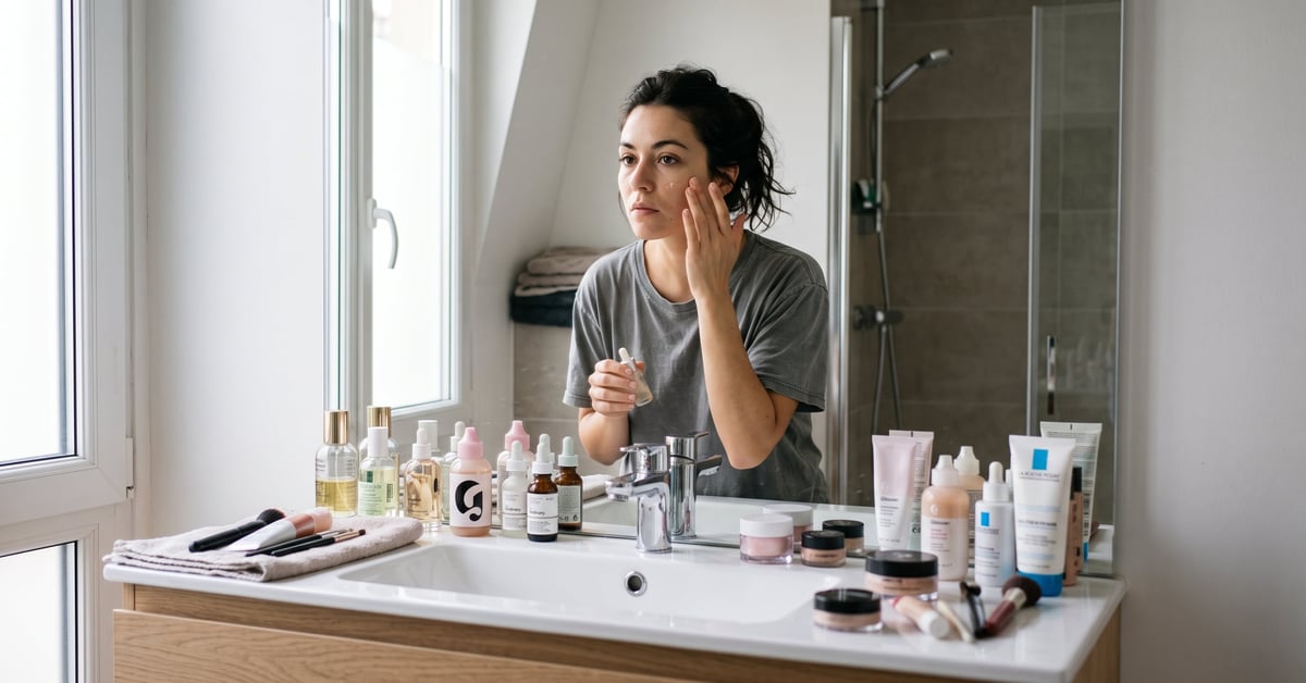 Addict beauté : produits de soins et maquillage disposés avec élégance sur une surface moderne