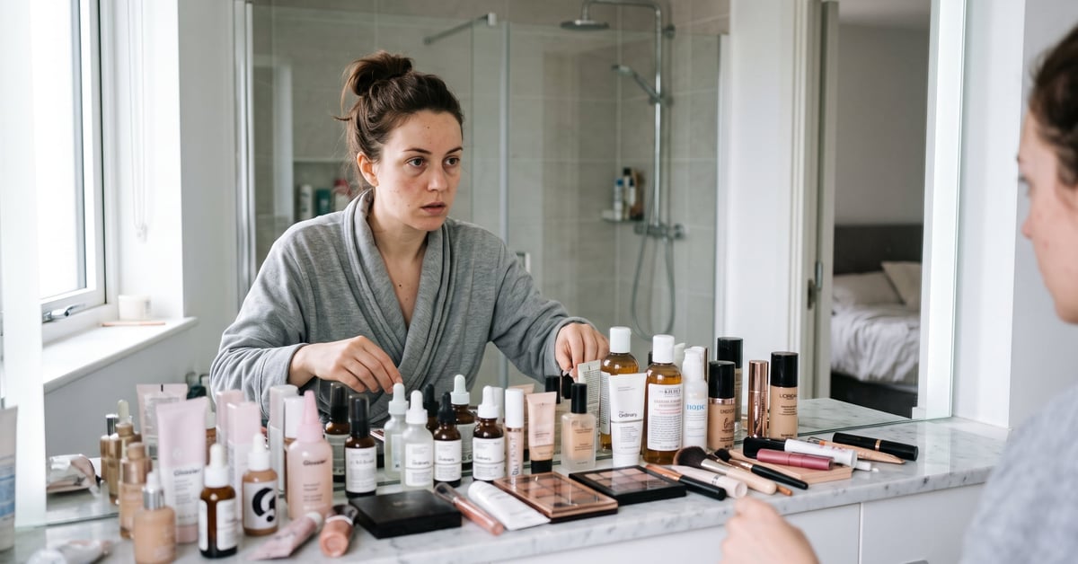 Femme entourée de nombreux produits de beauté, illustrant l'addiction beauté et la surconsommation cosmétique