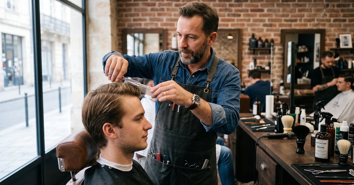 L'artisan coiffeur au travail dans un salon moderne, cisailles en main, concentré sur une coupe précise
