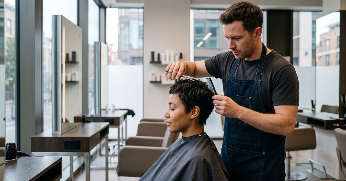 Salon de coiffure élite moderne avec coiffeuse experte travaillant sur une cliente dans un cadre luxueux