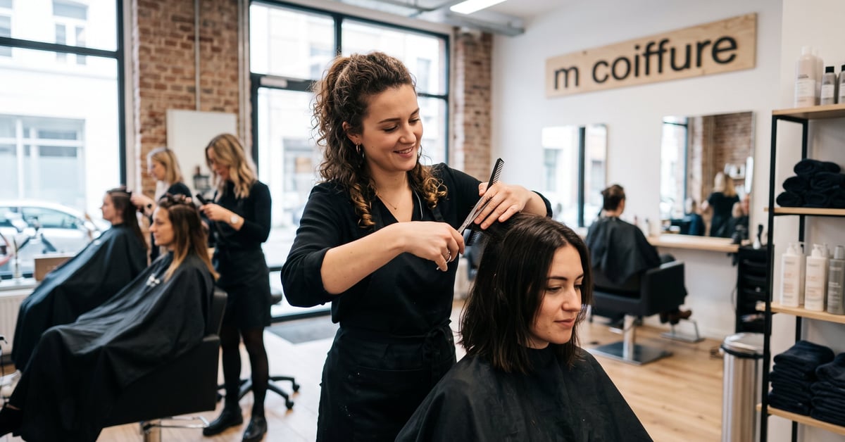 Salon M Coiffure moderne avec coiffeur professionnel au travail dans un cadre élégant et contemporain