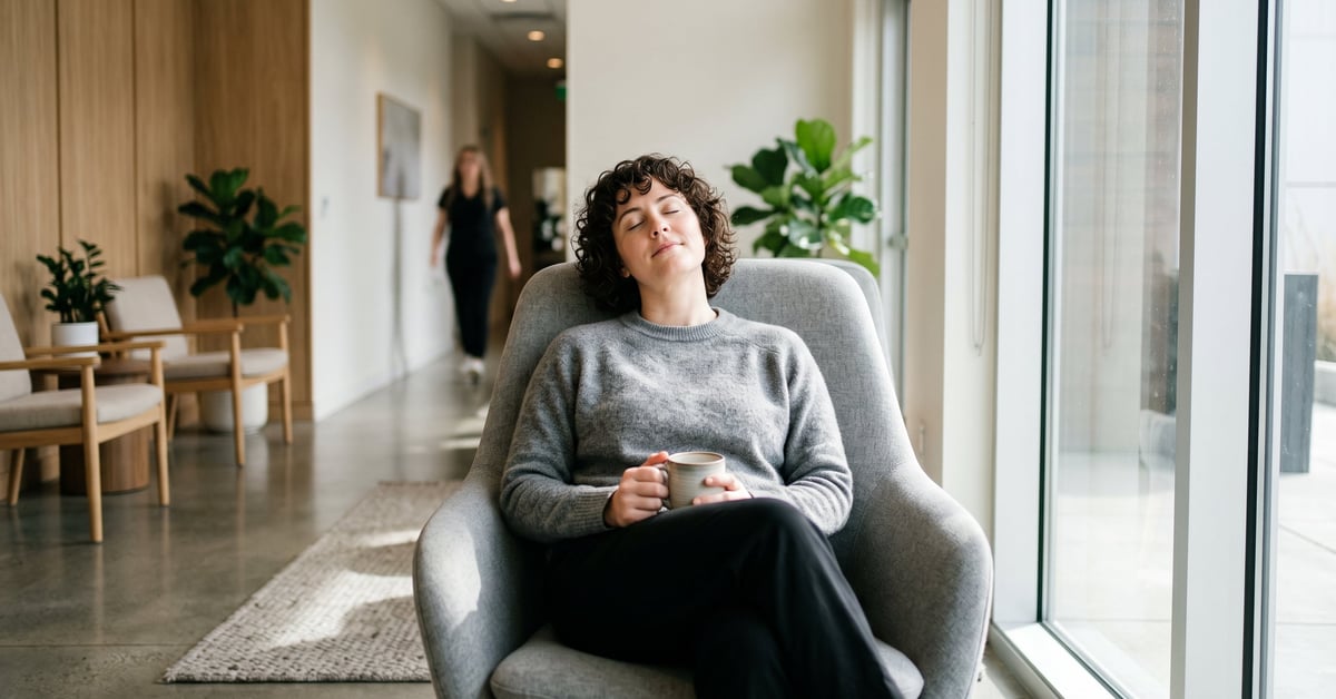 Femme détendue profitant d'un moment de relax beauté avec des soins naturels et minimalistes